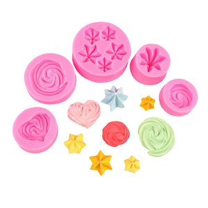 Silikonform-Set für Fondant mit Herz- und Sternmotiven inklusive bunten Gebäckbeispielen