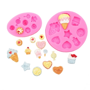 Pink silicone DIY mold set for ice cream and cupcake shapes with colorful dessert results