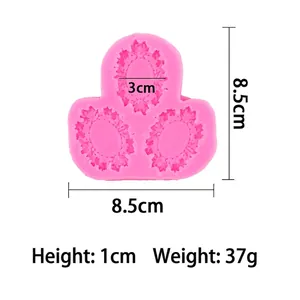Pink silicone fondant mold with three oval floral relief patterns and size dimensions