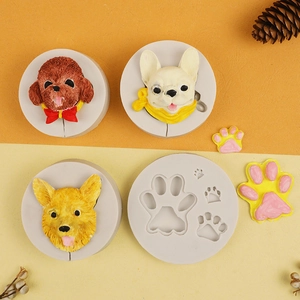 Silicone dog head and paw molds for DIY candles and chocolates featuring Teddy and Corgi shapes