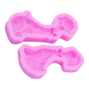 Pink silicone DIY fondant mold featuring 3D cartoon puppy and bow tie shapes