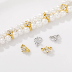 14K gold plated flower spacer beads with cubic zirconia for pearl bracelet and necklace