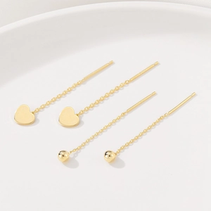 Boucles d'Oreilles Enfilables Cœur en Cuivre Plaqué Or 14K pour Femmes Minimalistes Longue Chaîne Gland Bijoux DIY Matériaux