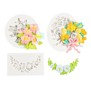Moules en silicone pour fleurs et nœuds avec exemples de roses roses et de cerisiers