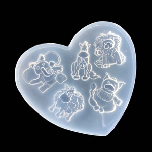 Heart-shaped silicone mold featuring five cartoon animals for DIY crystal resin casting