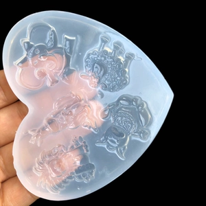 Translucent heart silicone mold featuring five cartoon characters for DIY resin craft projects