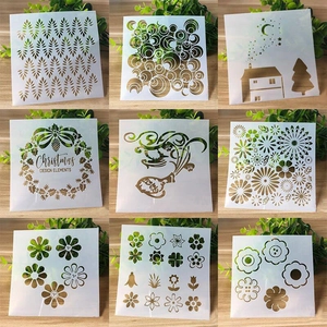 9-piece DIY stencil set with floral and geometric patterns on a rustic wooden background