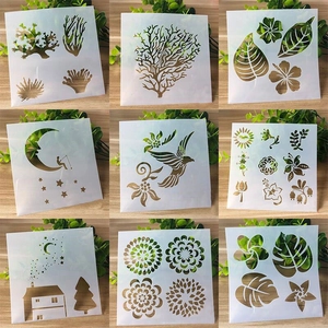 Macro detail of nine flexible plastic DIY stencils with floral and tropical patterns