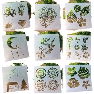 9-piece set of reusable PET stencils with nature motifs like birds, leaves, and coral