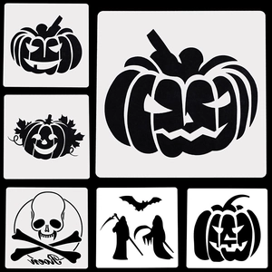 Set of 6 Halloween plastic drawing stencils featuring pumpkin, bat and skull designs