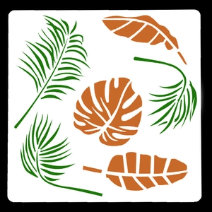 Reusable hollow tropical plant stencils featuring palm, monstera, and banana leaf designs