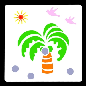 Tropical DIY painting stencil with coconut tree, sun, and birds for wall art and crafts