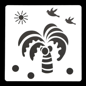 Detailed macro view of flexible white plastic stencil with tropical palm tree and sun pattern