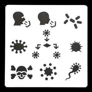 Detailed view of hollow white stencil featuring virus and medical warning icons on black back