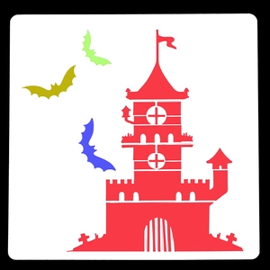 Halloween 15cm stencil with haunted castle and colorful bats for DIY drawing decor