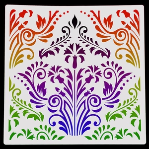 Symmetric rainbow mandala stencil 30x30cm showing a colorful damask pattern detail