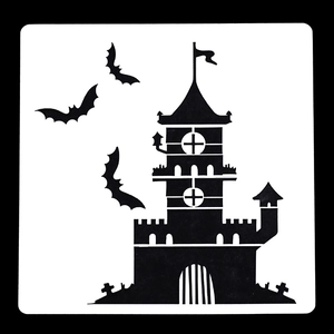 Detailed stencil showing a haunted castle with bats for Halloween DIY painting