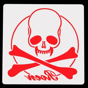 Detailed red skull and crossbones stencil design on square background for Halloween crafts