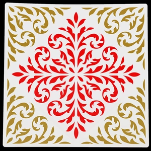 Macro shot of a classic red and gold mandala pattern template for wall painting and DIY decor