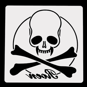 Detailed view of Halloween skull and crossbones stencil design with Raven calligraphy
