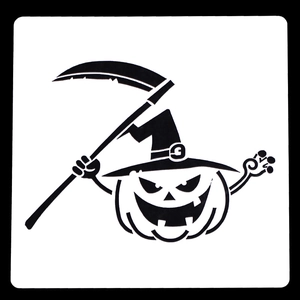 Detailed view of 15cm Halloween stencil featuring pumpkin head with wizard hat and scythe