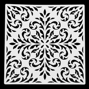 Macro shot of 30x30cm mandala stencil with symmetrical floral patterns for DIY painting