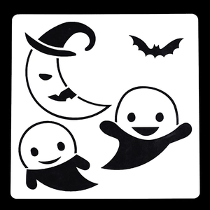 Detail of 15cm square stencil with moon, bat, and cute ghost patterns for Halloween DIY