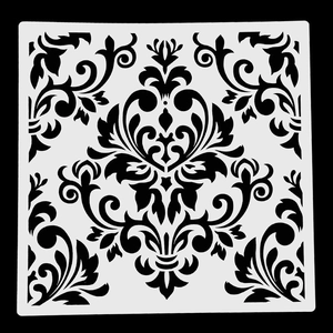 Detailed Damascus style stencil with symmetrical scroll patterns for DIY wall painting