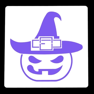 Detail of purple Halloween pumpkin stencil with wizard hat for DIY painting and crafts