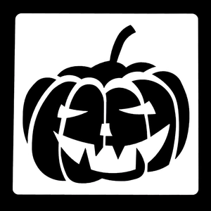 Close-up of a 15cm Halloween pumpkin stencil with sharp jack-o'-lantern cutout details