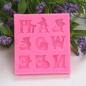 Pink Halloween letters silicone mold with ghost witch hat and pumpkin design
