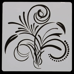 Detail of square white stencil with black baroque floral pattern for DIY painting