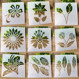 Set of 9 floral DIY painting stencils for scrapbooking and home decor on wood surface