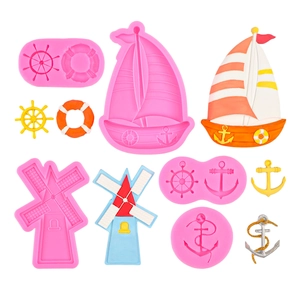 Nautical Theme Silicone Mold Sailboat Windmill Anchor Helm Shape Fondant Mold For Cake Decoration DIY Clay Plaster Tool
