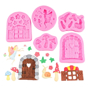 5-piece fairy garden silicone mold set for cake decorating with mushrooms and snail
