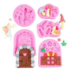 Pastoral Cartoon Snail Mushroom Fondant Silicone Mold Fairy House Elf Wood Door Chocolate Cake Molds Stone Texture DIY Bakeware