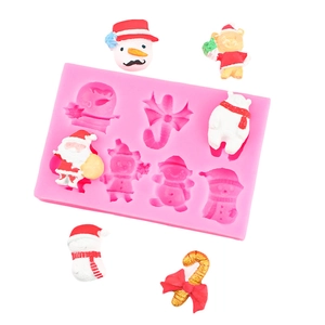 Rosa 6-Loch Weihnachts-Silikonform mit Weihnachtsmann-, Schneemann- und Zuckerstangen-Motiven
