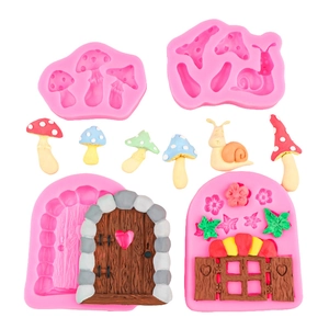 Fairy garden silicone mold set featuring mushrooms snail and wooden door for cake decor