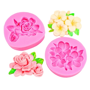 Pink silicone flower molds for 3D rose and plumeria fondant or resin crafts