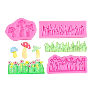 3Pcs pink silicone mushroom and grass molds for DIY fondant cake decorating tools
