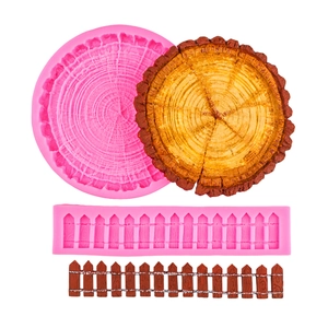 Silicone fondant mold set featuring textured wood grain tree stump and garden fence shapes
