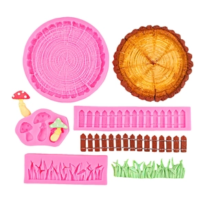 Silicone fondant mold set featuring mushroom, fence, and grass textures for cake decorating
