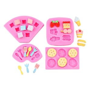 Pink silicone mold set for DIY miniature cartoon ice cream and heart-shaped desserts