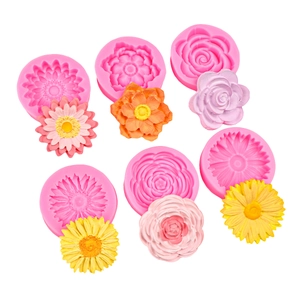 6-piece pink silicone floral molds for fondant, featuring daisy and rose flower designs