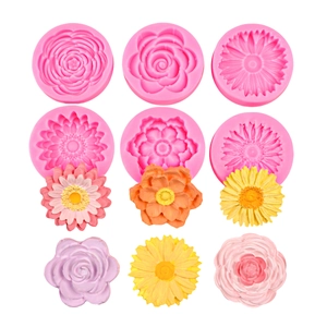 Pink silicone flower molds set for fondant cake decorating with rose and daisy designs
