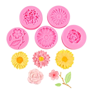5-piece pink silicone floral fondant molds with sunflower and lotus shaped results
