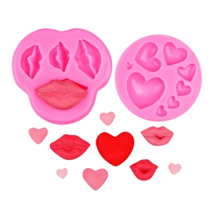 Pink silicone molds for heart and lip shapes with finished cake topper examples