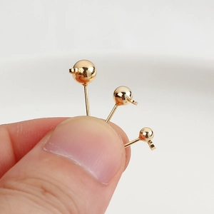 Polished 14K gold-plated S925 silver ball stud earrings in three sizes for DIY jewelry