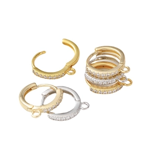 14K gold plated hoop earrings with white zircon pave and hanging loop for DIY jewelry