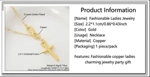 Detail showing cross and infinity pendant dimensions and triple gold plating specs